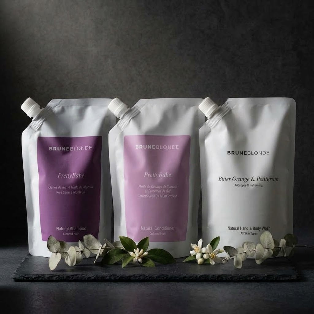 Pretty Babe Shampoo & Conditioner & Bitter Orange & Petitgrain Body Wash Trio | Bruneblonde Natural Haircare | 500ml Refill Set